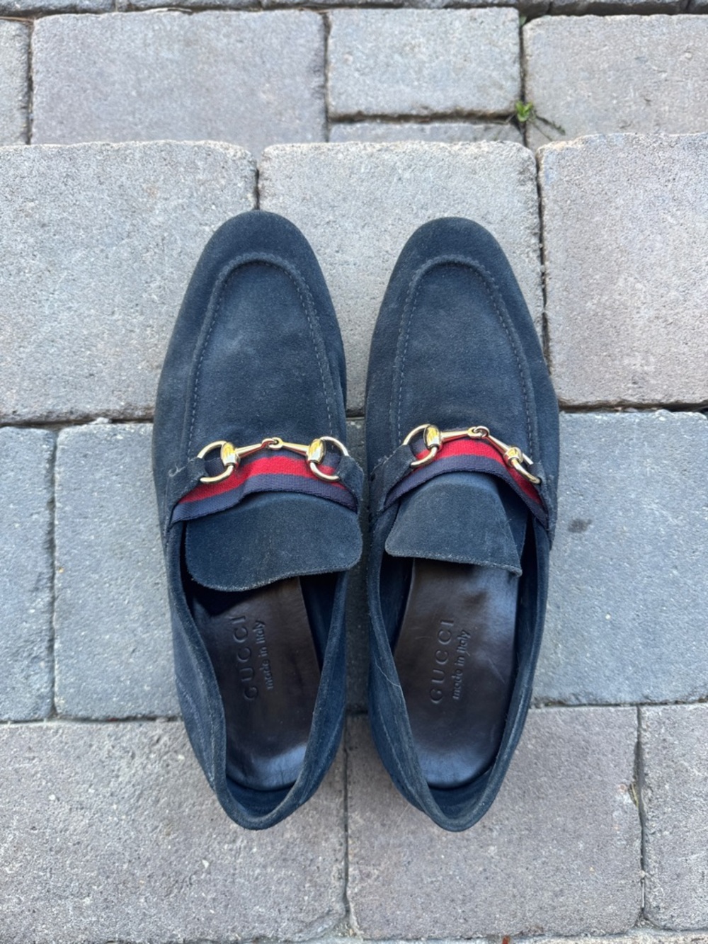 Gucci Blue Suede Loafers with Red and Blue Web & Gold Horsebit